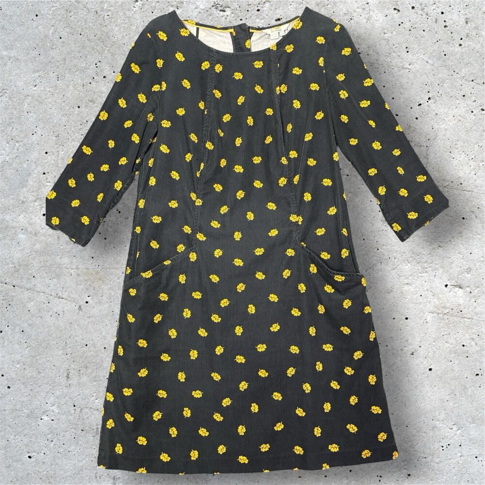 Boden Dress Womens US 10 Blue Leaf Print Novelty Corduroy Pockets Casual
